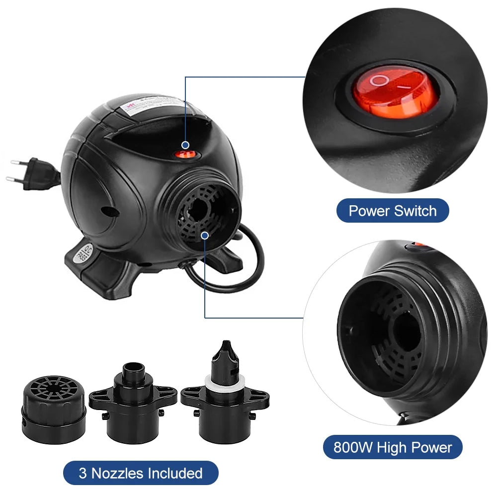 Portable 800W Electric Air Pump Inflator Deflator with 3 Nozzles W9103