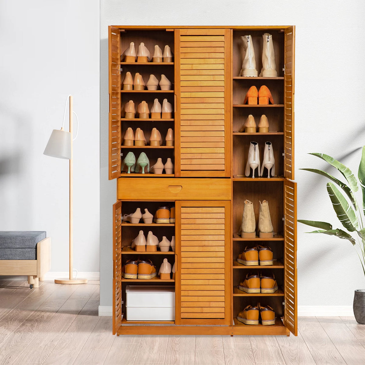 Bamboo 10 Tiers 1 Drawer Shoes Cabinet with Shutter Doors P71160
