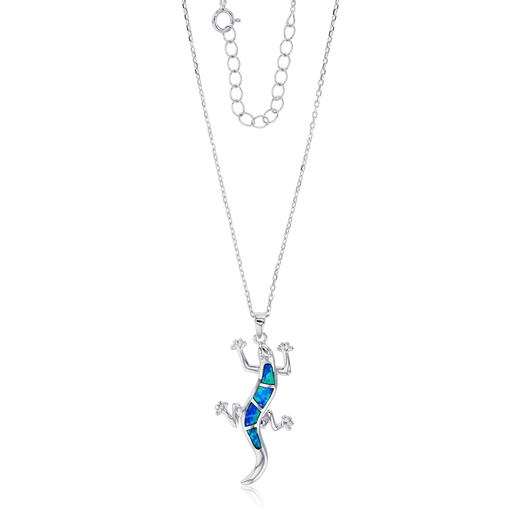 18" Rhodium Created Opal Lizard Cable Chain Necklace K7665