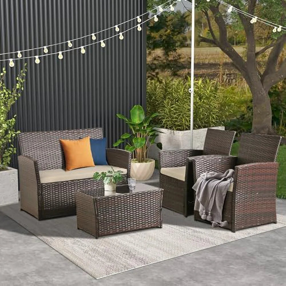 4 Pieces Gray Wicker Rattan Sectional Sofa Set with Table and Loveseat K5317