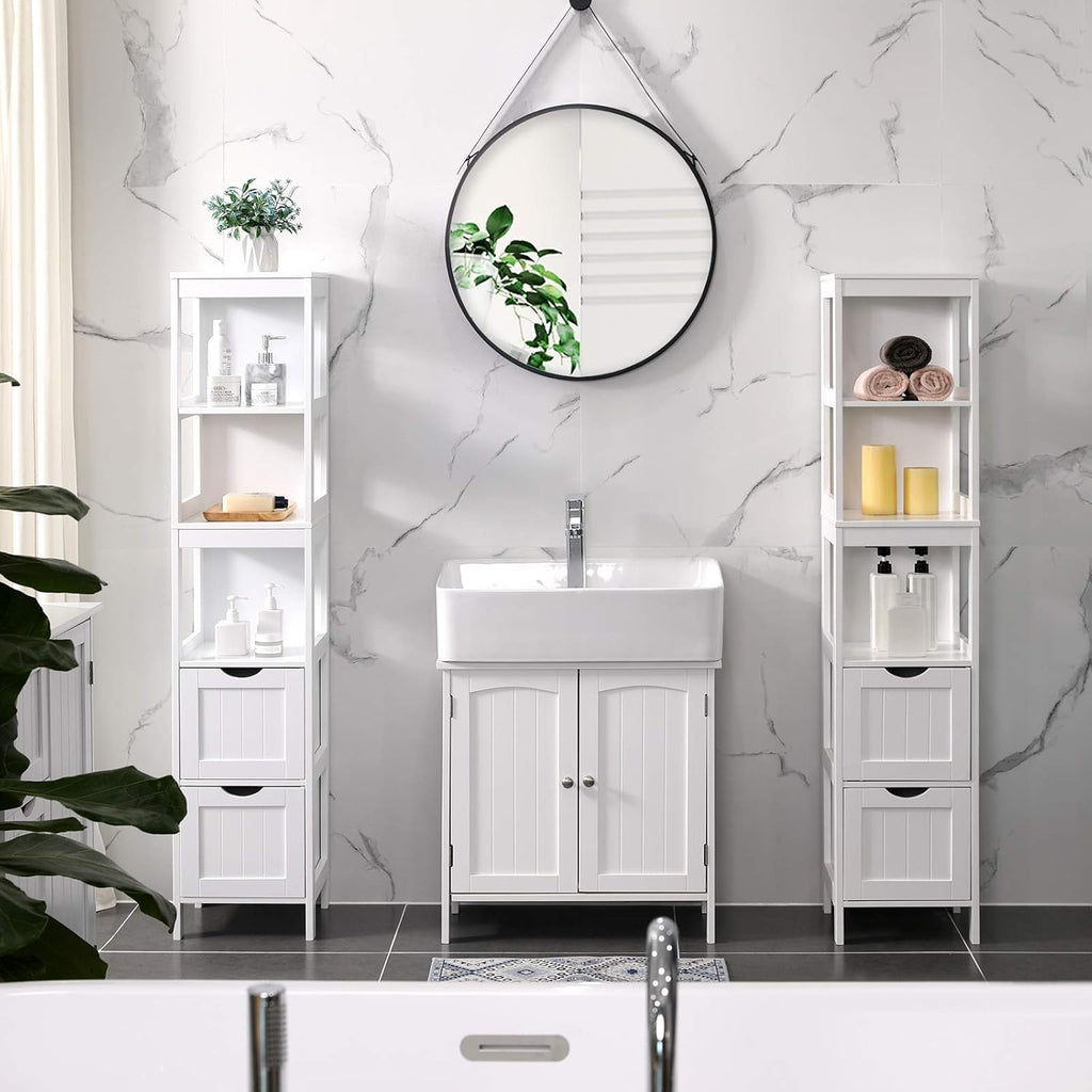White Tall Cabinet with 2 Drawers and 3 Open Shelves P635922