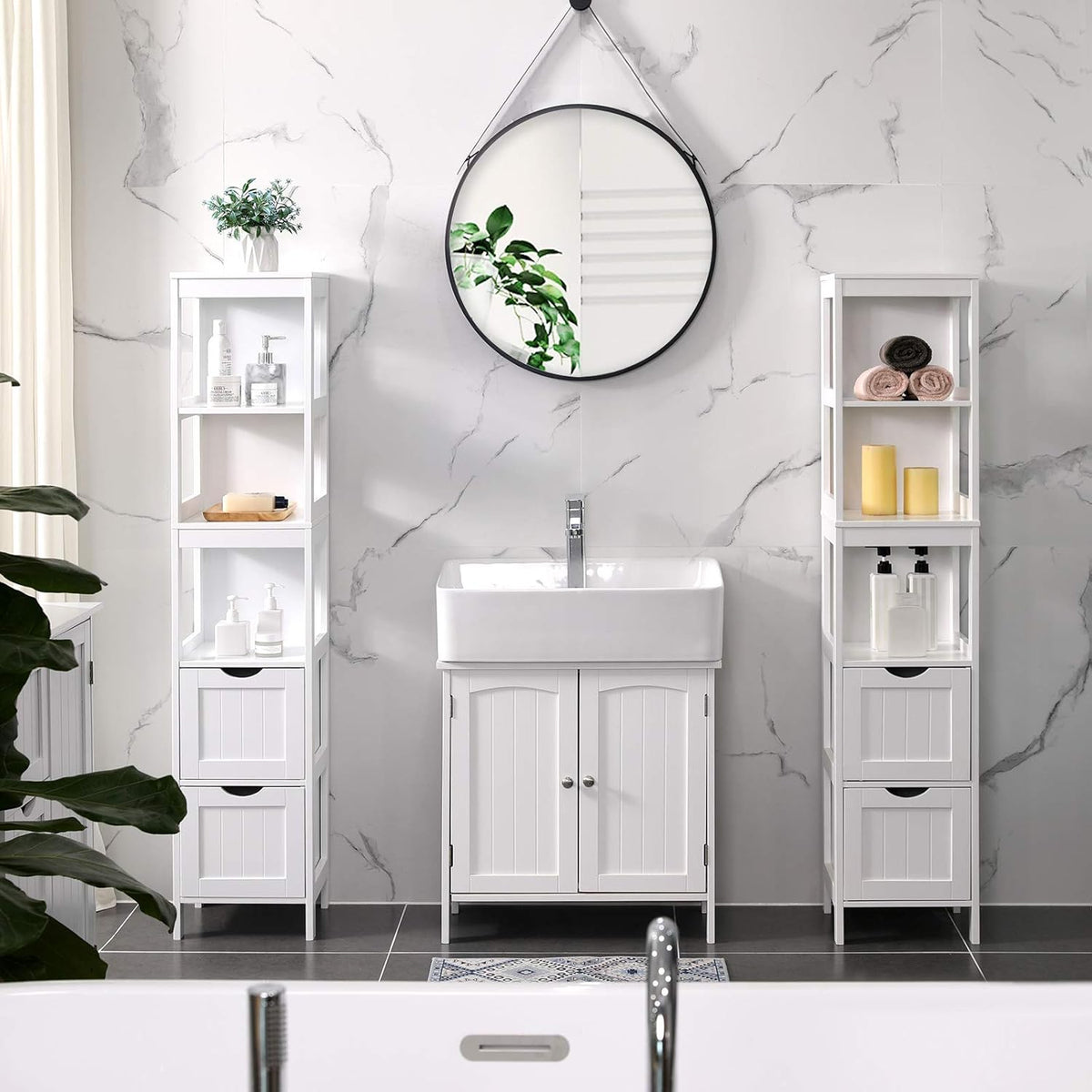 White Tall Cabinet with 2 Drawers and 3 Open Shelves P635922