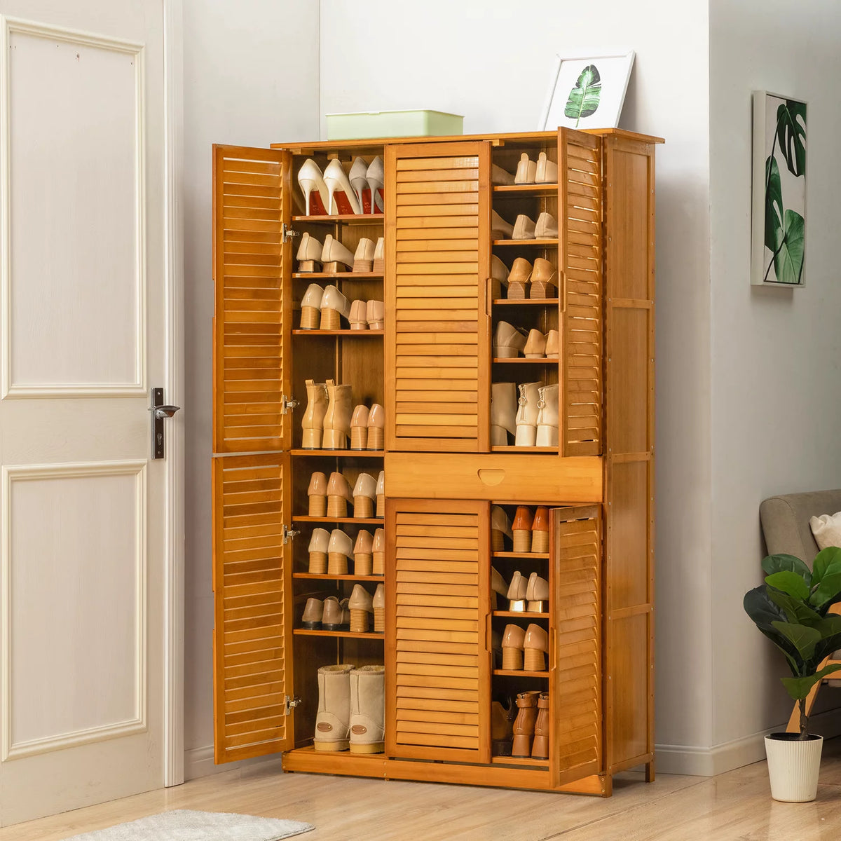 Bamboo 10 Tiers 1 Drawer Shoes Cabinet with Shutter Doors P71160