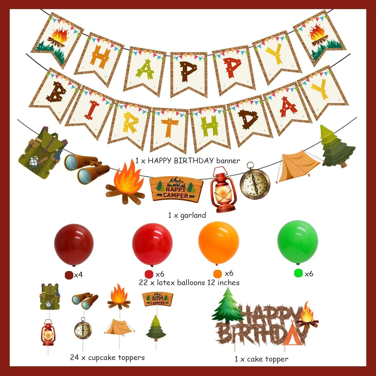 Camping Party Decoration Kit with Banner, Garland, Balloons, Cake Toppers B9485