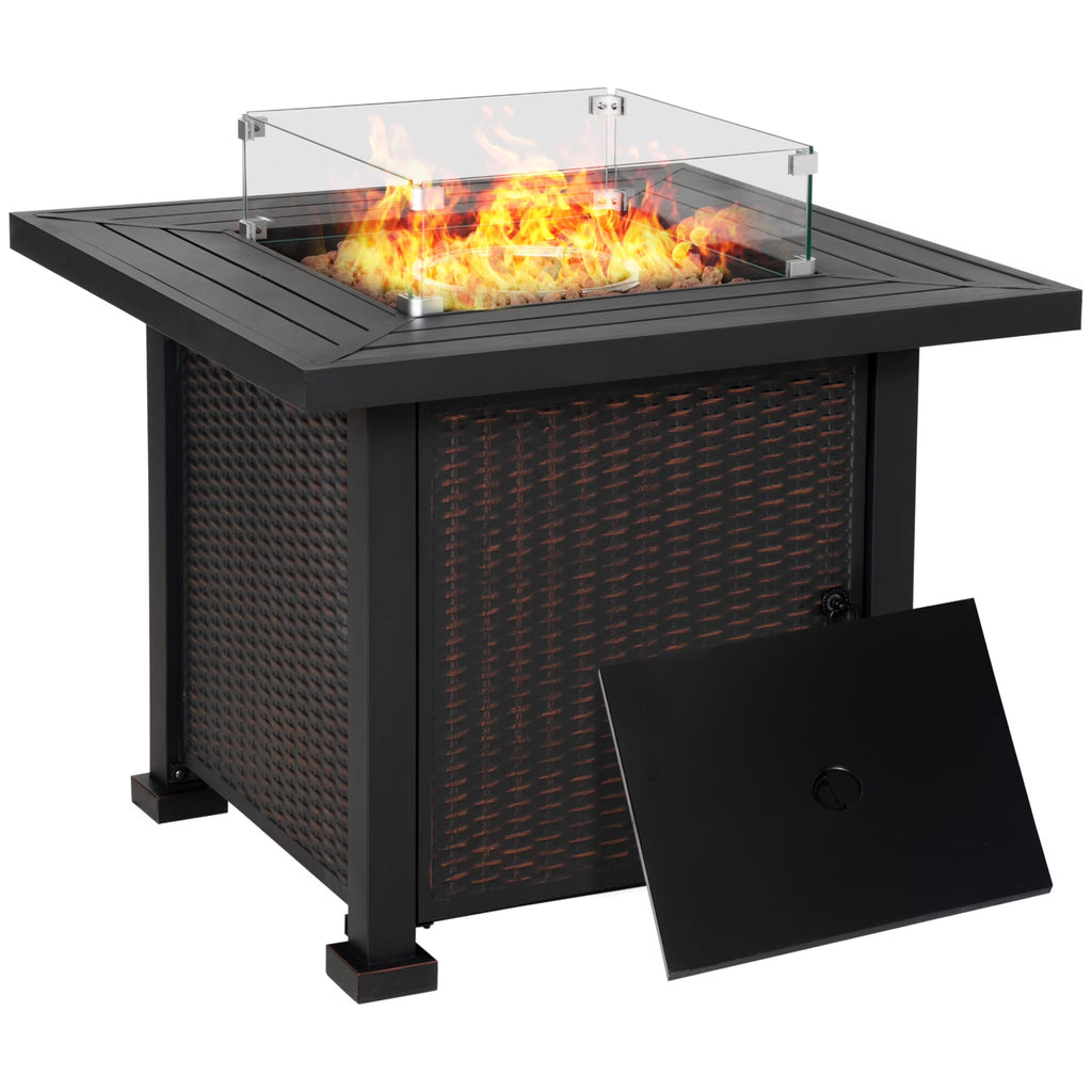34 Inch Outdoor Propane Gas Fire Pit Table with Glass Wind Guard, Lid, Lava Rocks, Steel Base Z323570