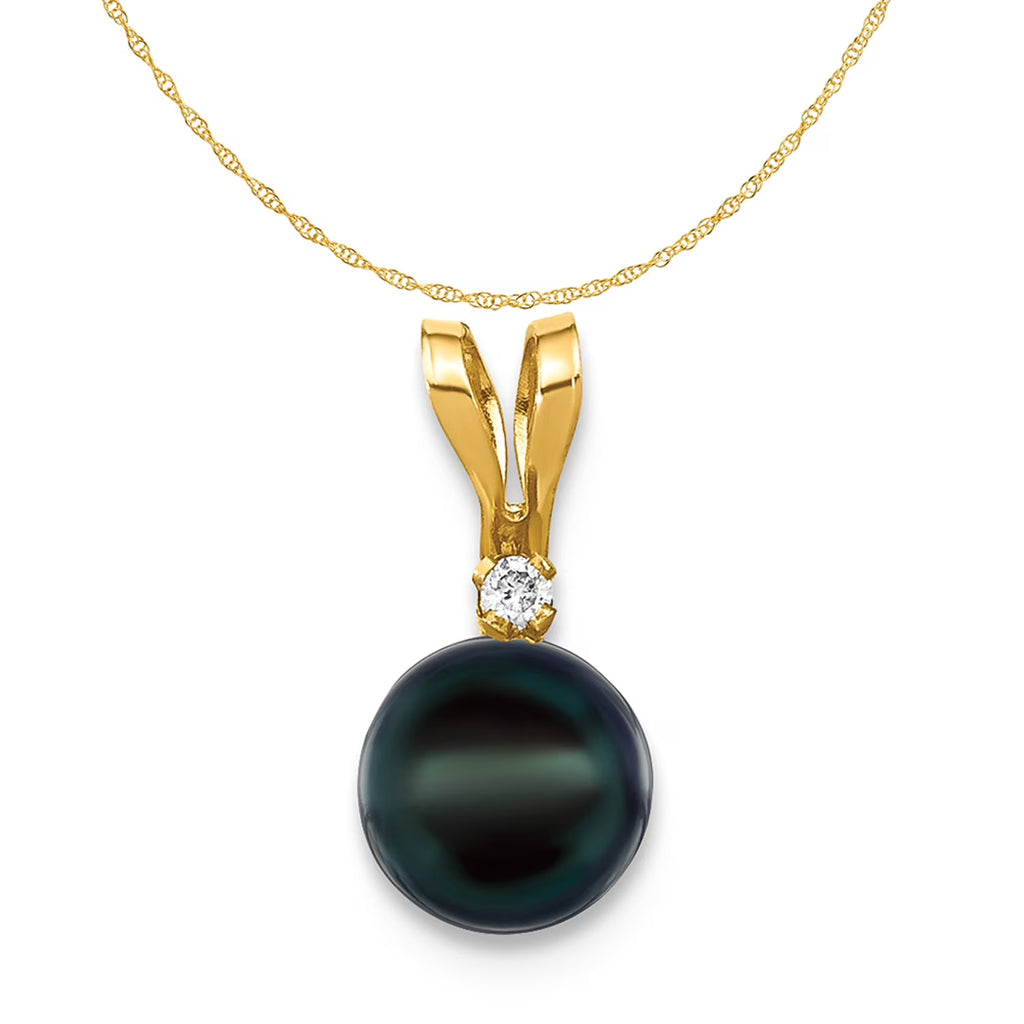 14K Yellow Gold Black Akoya Cultured Pearl Diamond Pendant Charm with Rope Chain Necklace 20'' B758493