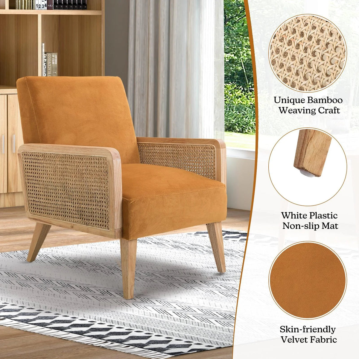 Yellow Fabric Upholstered Accent Chair with Rattan Armrests T286710