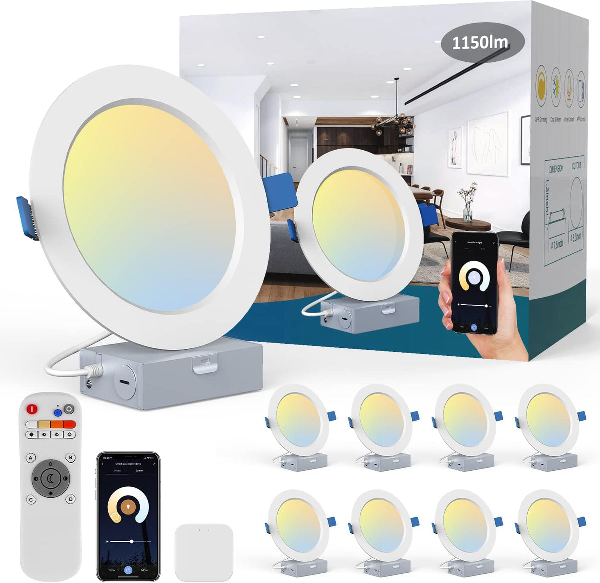 6 Inch WiFi RGBCW Retrofit LED Downlight, 15W 1100LM, 4 Packs G606886