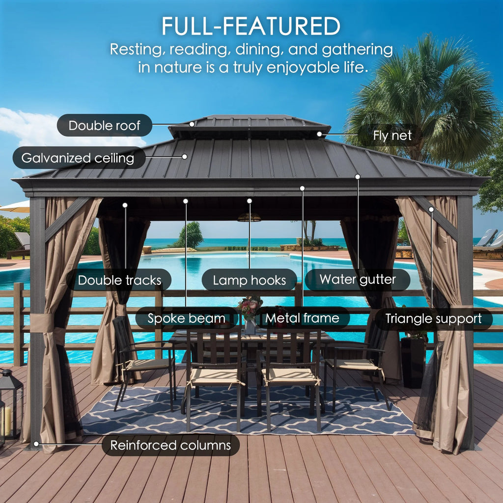 Hardtop Aluminum Gazebo with Mosquito Net and Privacy Sidewalls Z31112