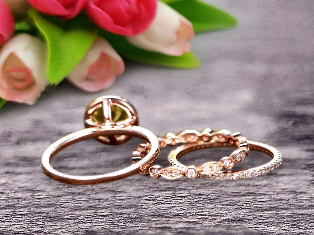 10k Rose Gold Art Deco 2.25 Carat 6mm Round Cut Champagne Diamond Moissanite Wedding Ring Set Matching Band G55817