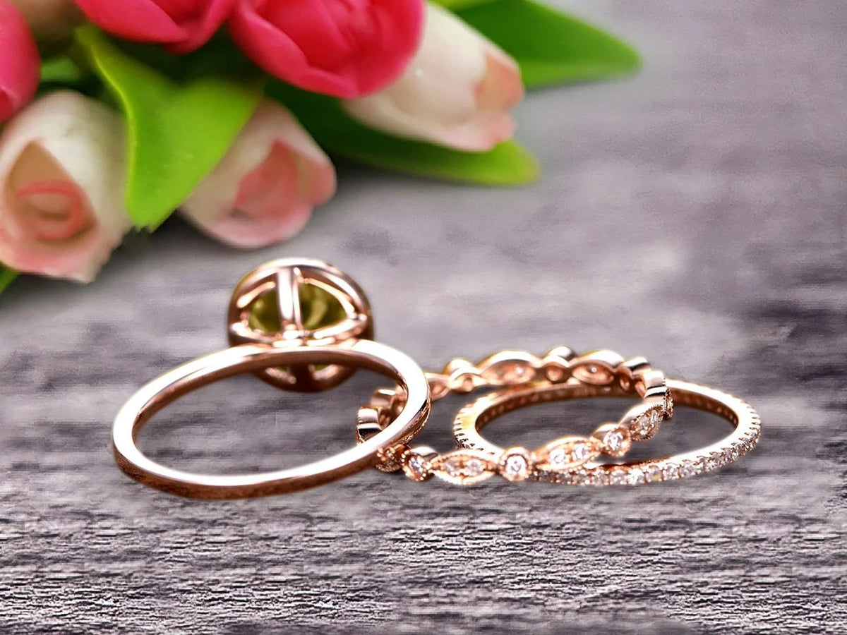 10k Rose Gold Art Deco 2.25 Carat 6mm Round Cut Champagne Diamond Moissanite Wedding Ring Set Matching Band G55817