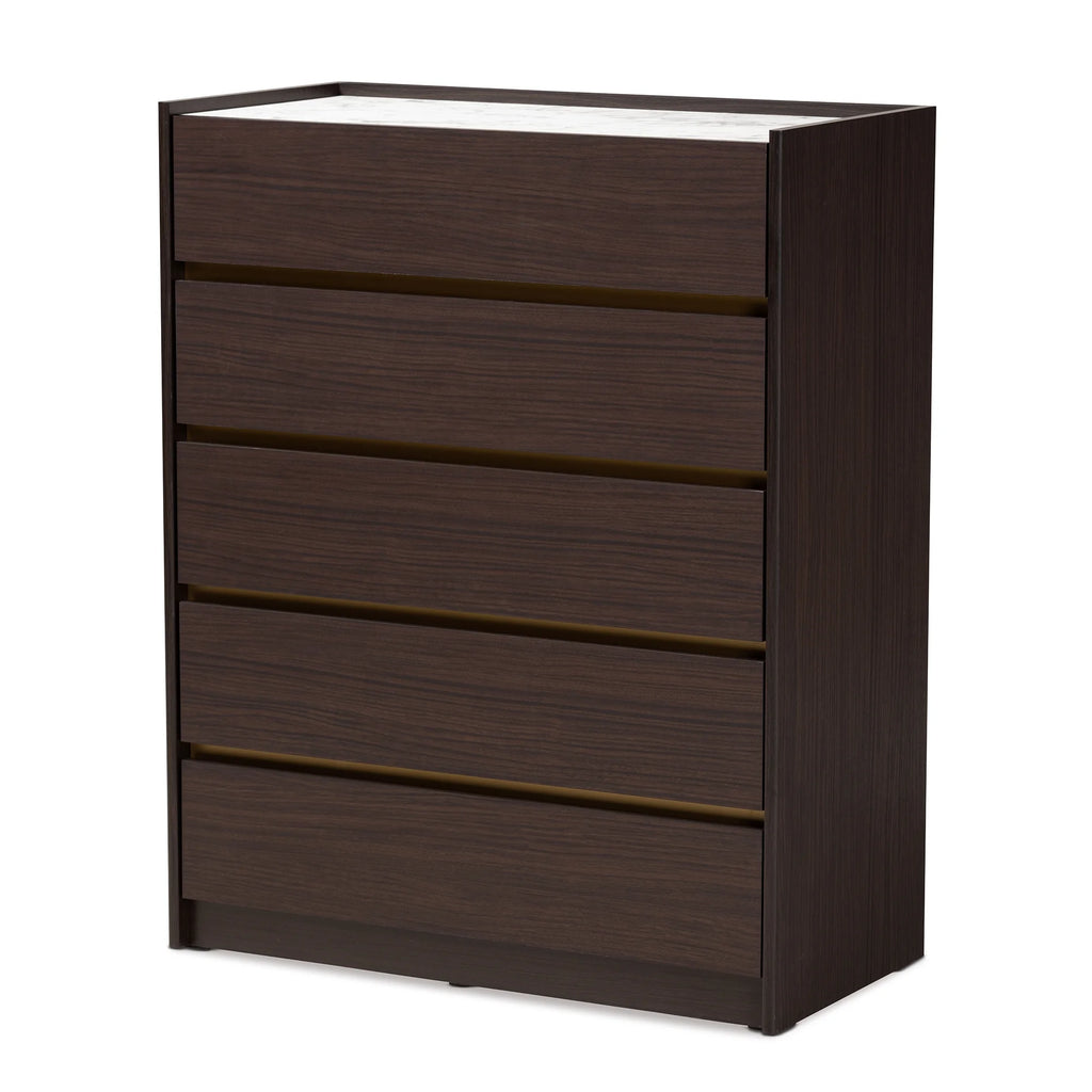Dark Brown Gold Wood 5-Drawer Chest with Faux Marble Top S641241