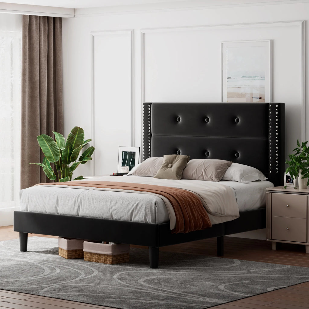 Queen Black Velvet Upholstered Platform Bed Frame with Tufting Headboard G39228