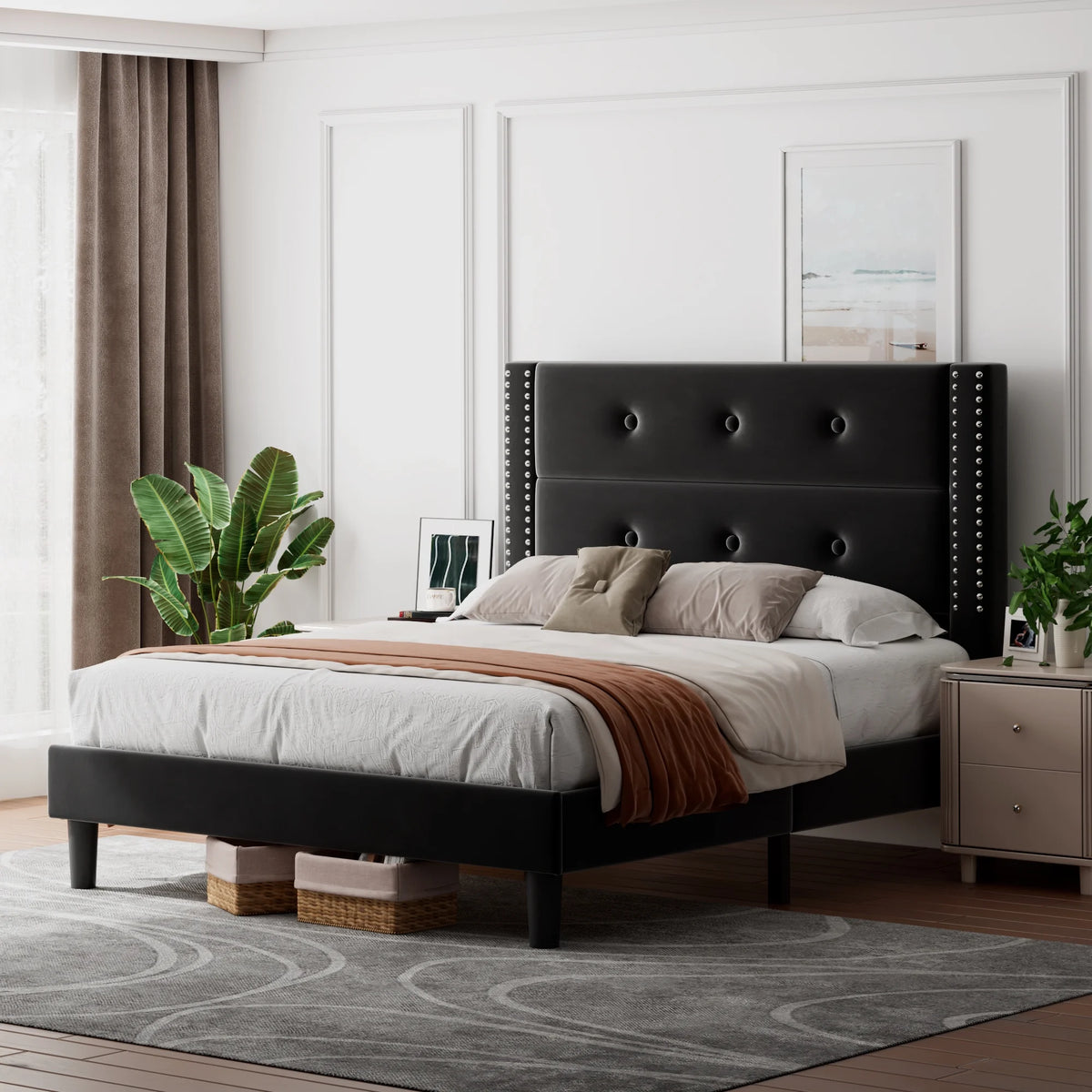 Queen Black Velvet Upholstered Platform Bed Frame with Tufting Headboard G39228