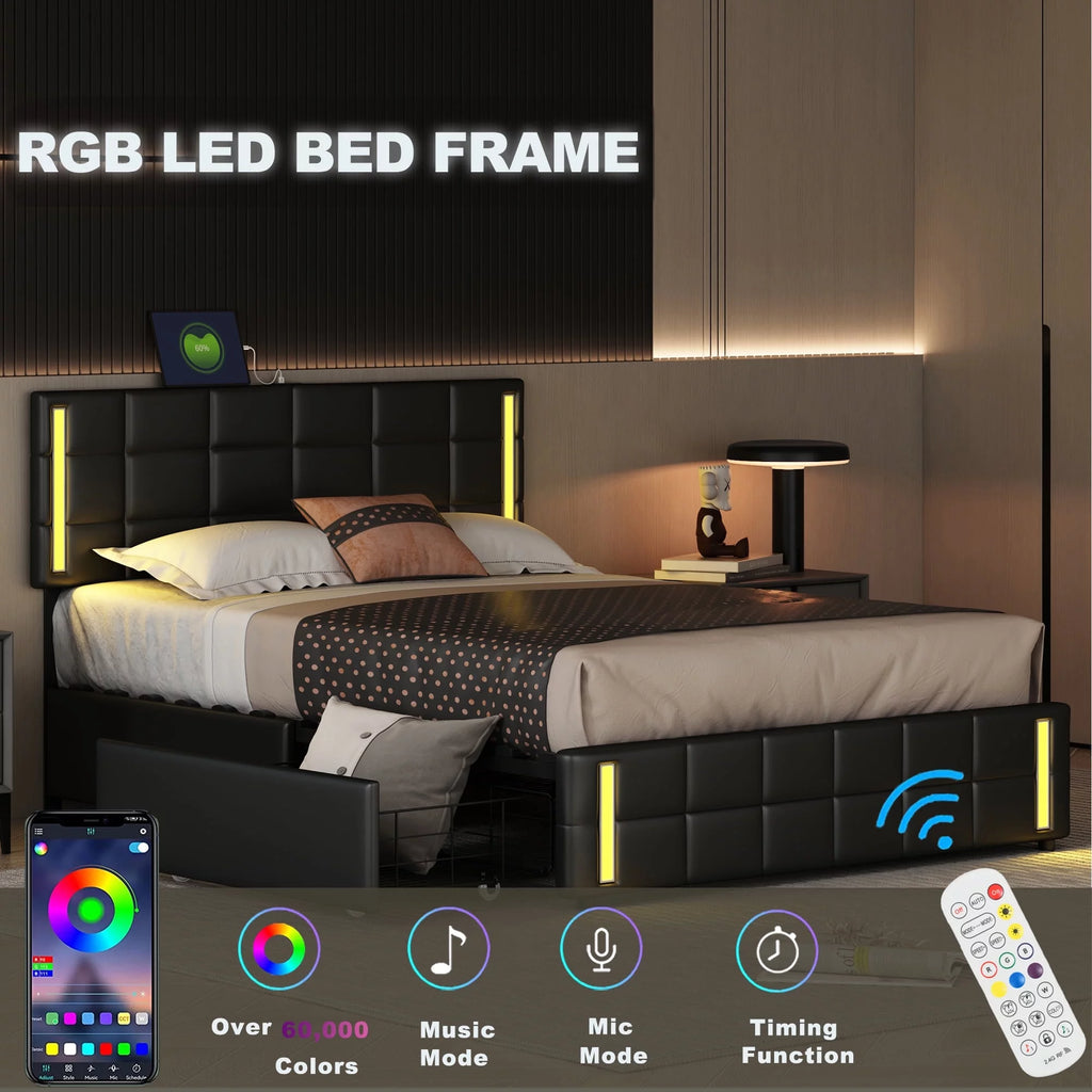 Queen Size Upholstered Platform Bed with LED Lights and USB Charging, 4 Drawers, Black Q64631