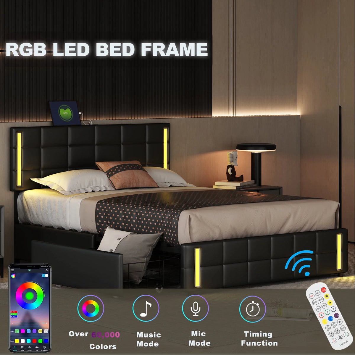 Queen Size Upholstered Platform Bed with LED Lights and USB Charging, 4 Drawers, Black Q64631