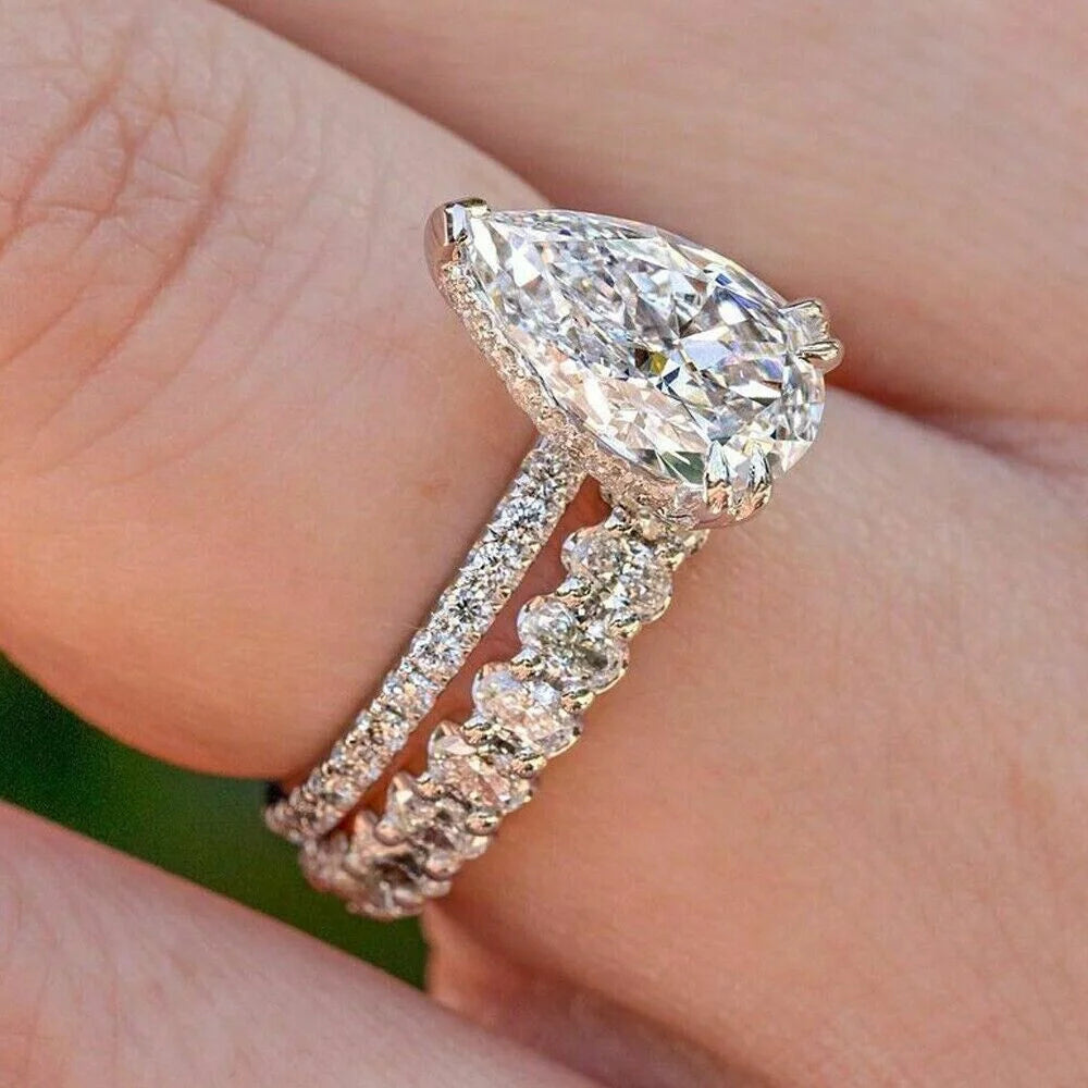14K Yellow Gold Plated Pear Cut Moissanite Bridal Engagement Ring Set U9099