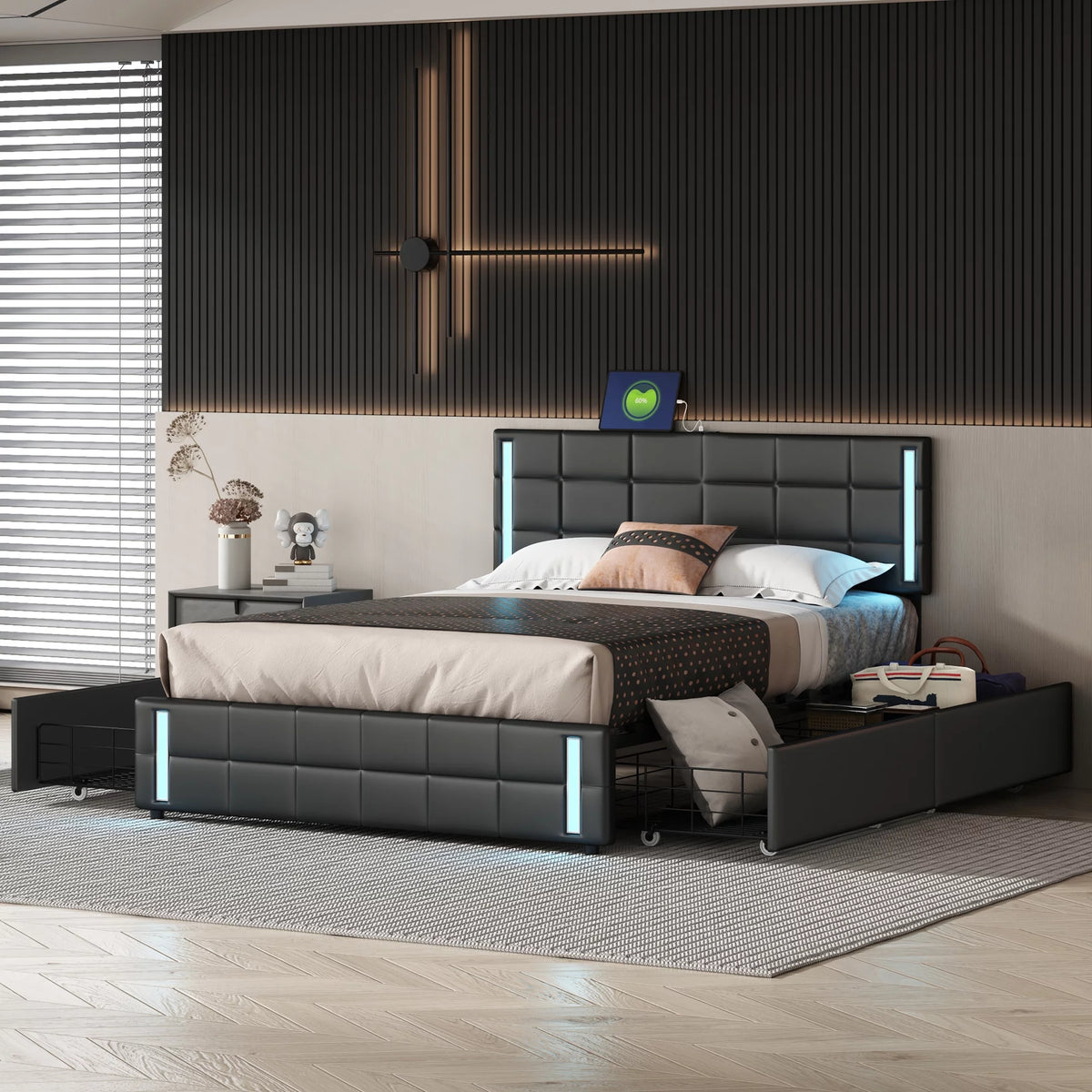 Queen Size Upholstered Platform Bed with LED Lights and USB Charging, 4 Drawers, Black Q64631